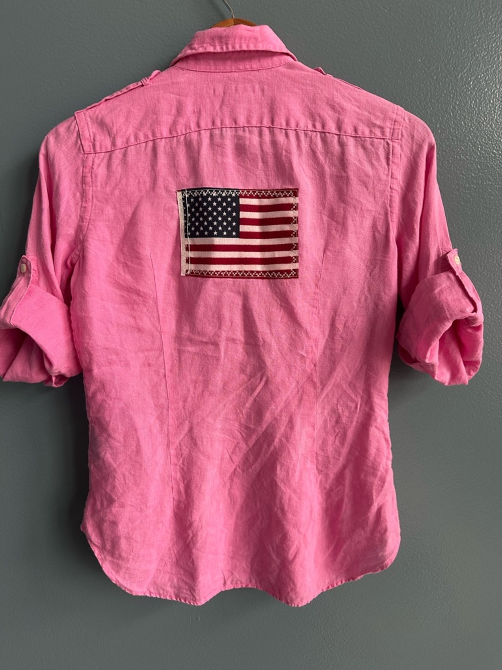 Ralph Lauren Sport Reworked Pink Linen Shirt | Patriotic American Flag | Size 4 - Picture 2 of 11